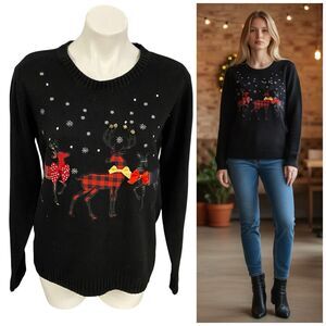 Karen Scott Sweater Womens Size Large Christmas Reindeer Black Red Plaid Bow